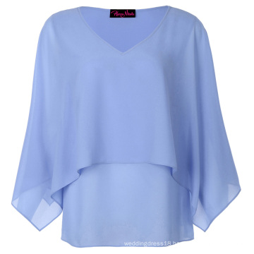 Hanna Nikole Sexy Women's Plus Size 0X~4X Open Sleeves V-Neck Light Blue Chiffon Tops HN0019-1